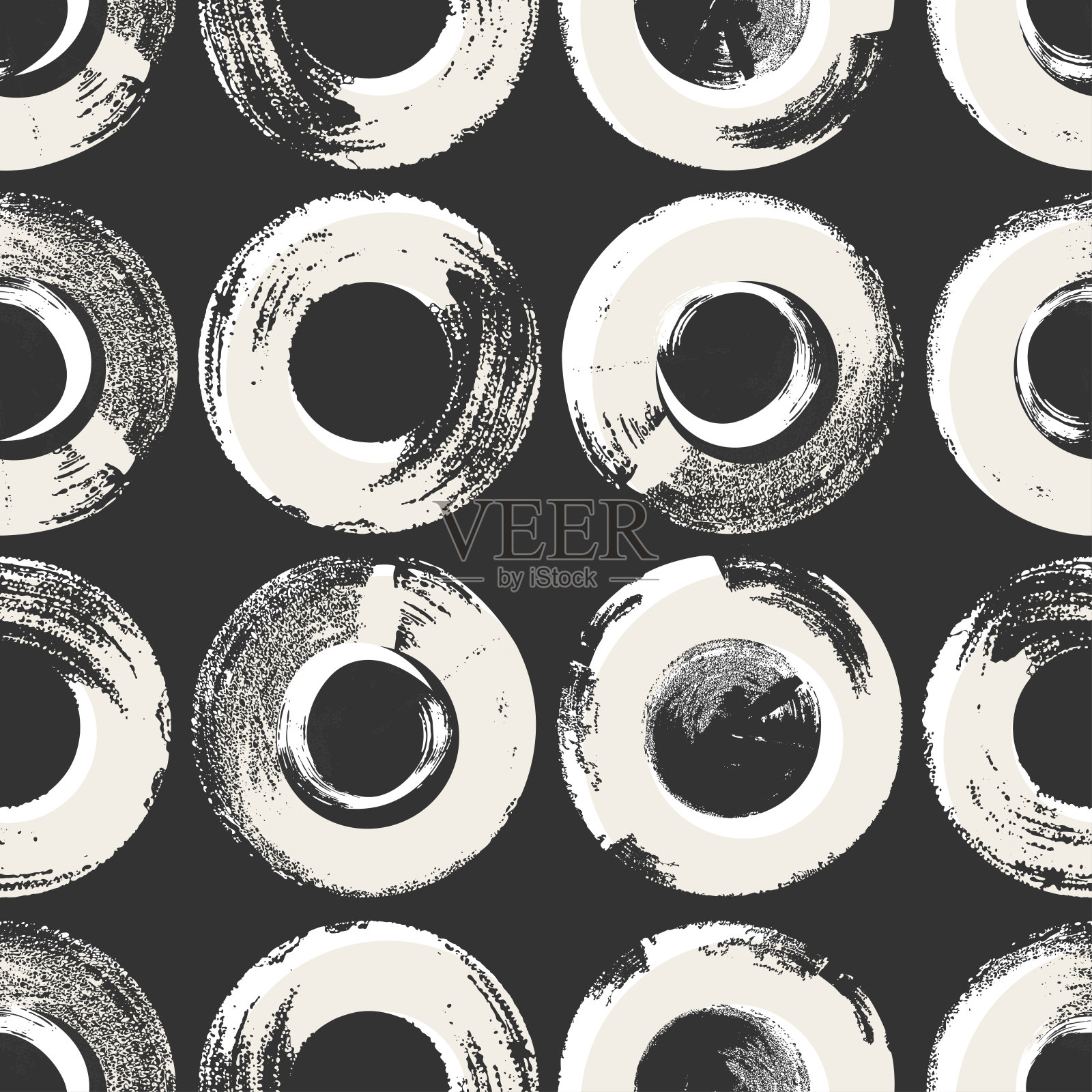 无缝现代模式与点。白色手绘圆孤立在黑色背景。抽象的单色插图。插画图片素材