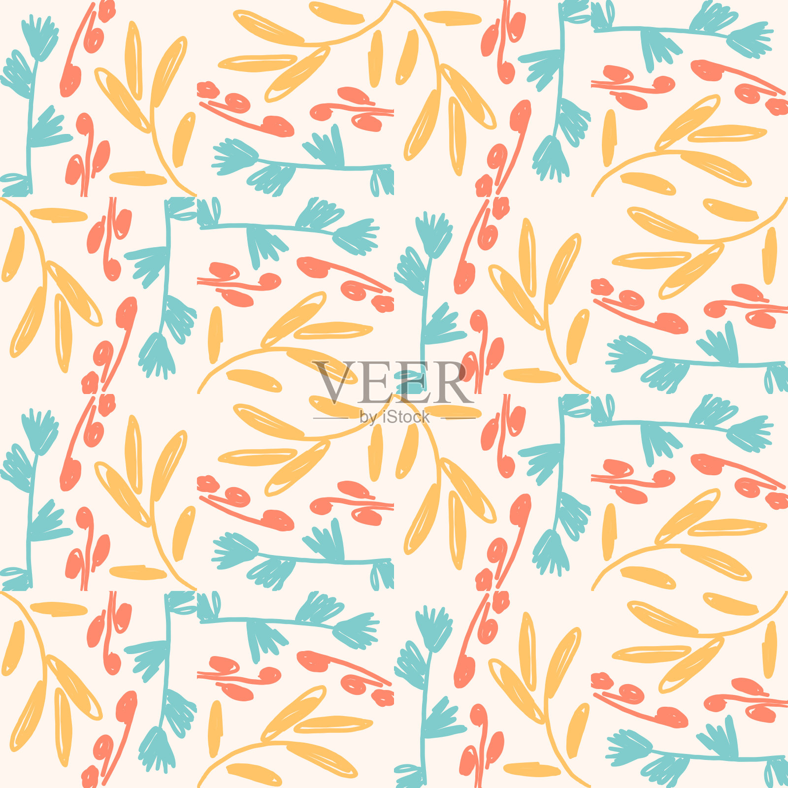 卡通抽象花卉无缝图案与花、枝、叶。花的背景。矢量插图。插画图片素材