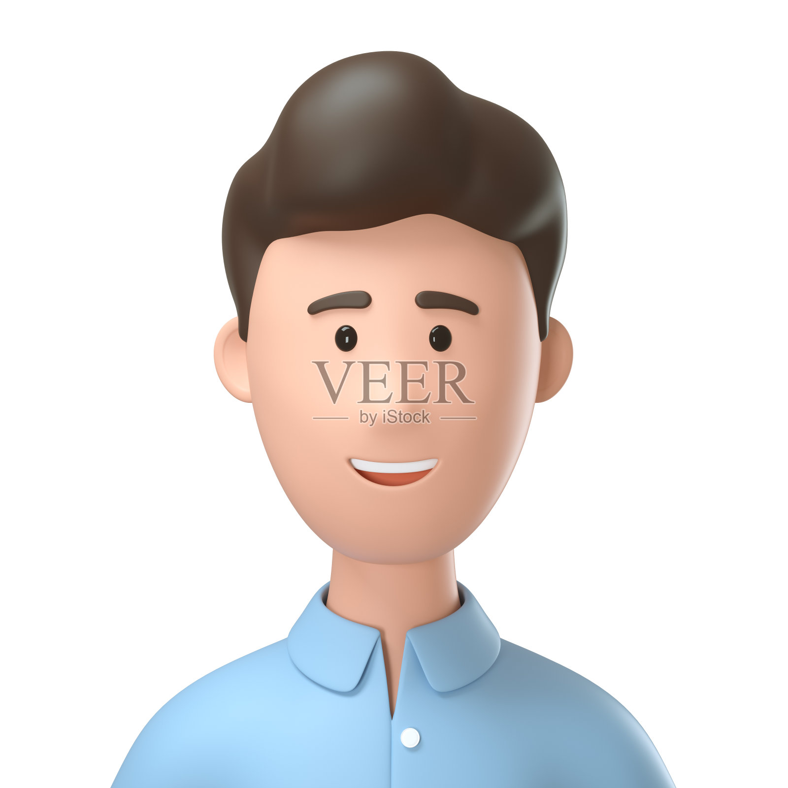 近距离的肖像微笑的男子在蓝色衬衫。3D渲染卡通商人角色孤立在白色背景。照片摄影图片