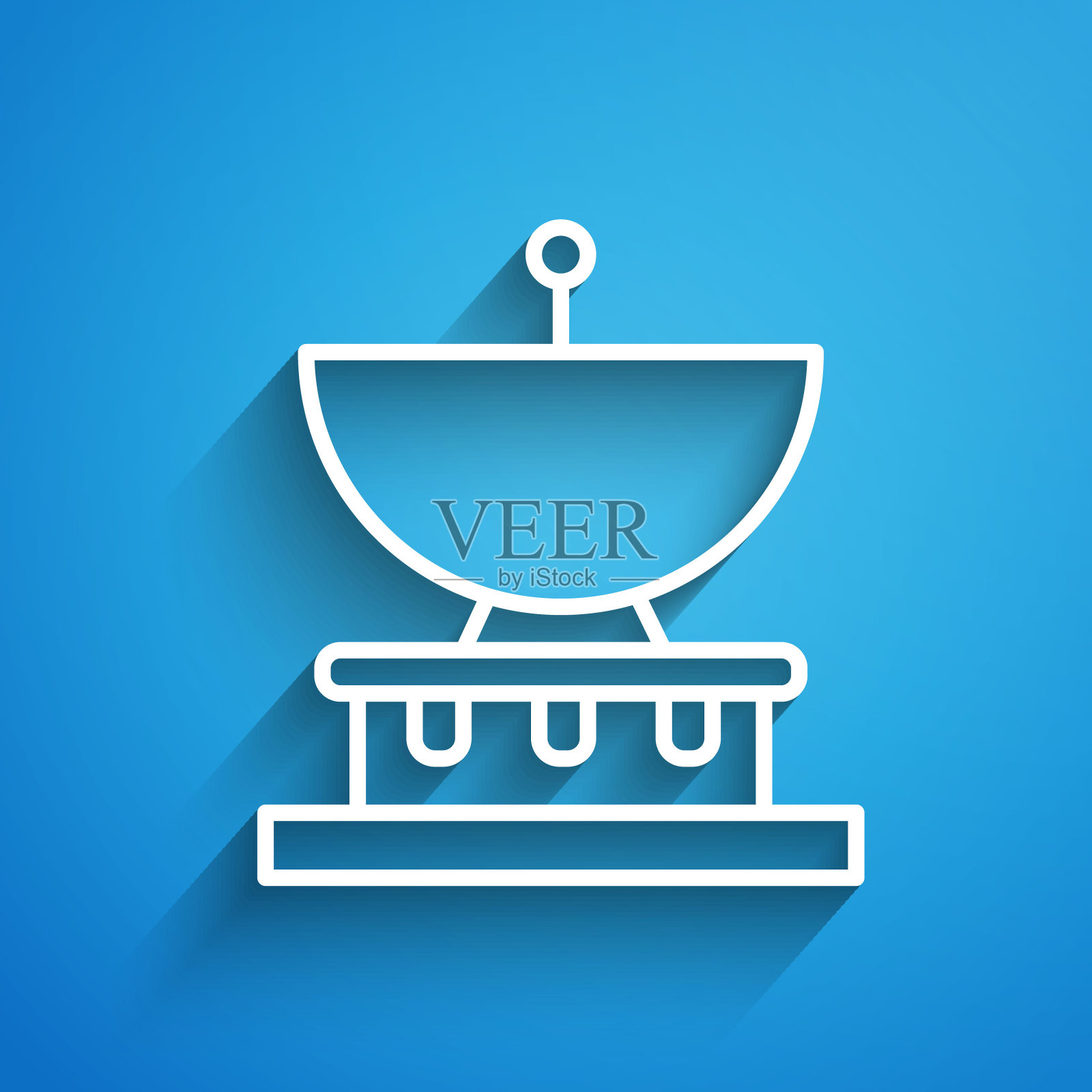 白色线行星土星行星环系统图标孤立在蓝色背景上。长长的阴影。矢量图插画图片素材