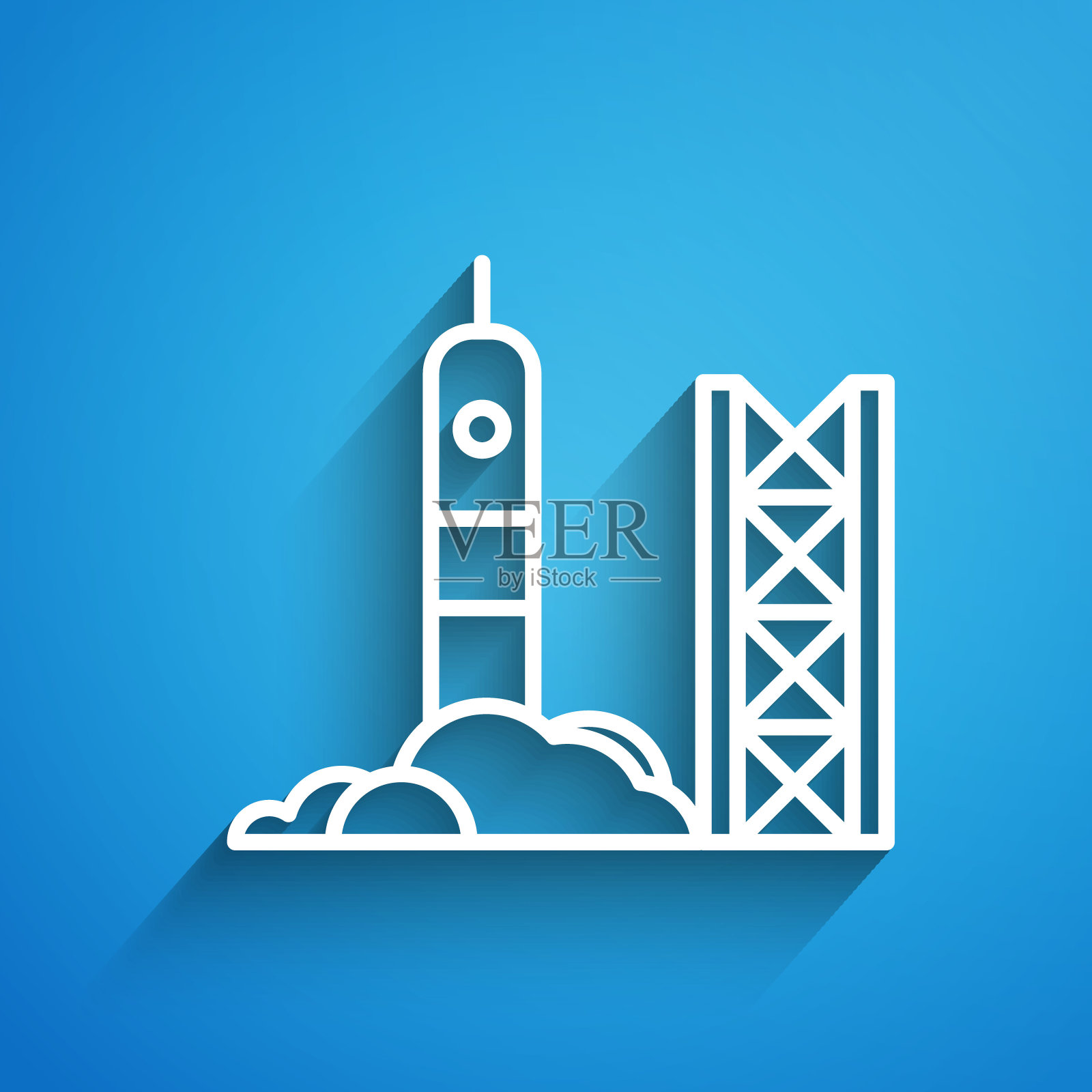 白色线火箭发射从太空港图标孤立在蓝色的背景。向太空发射火箭。长长的阴影。矢量图插画图片素材