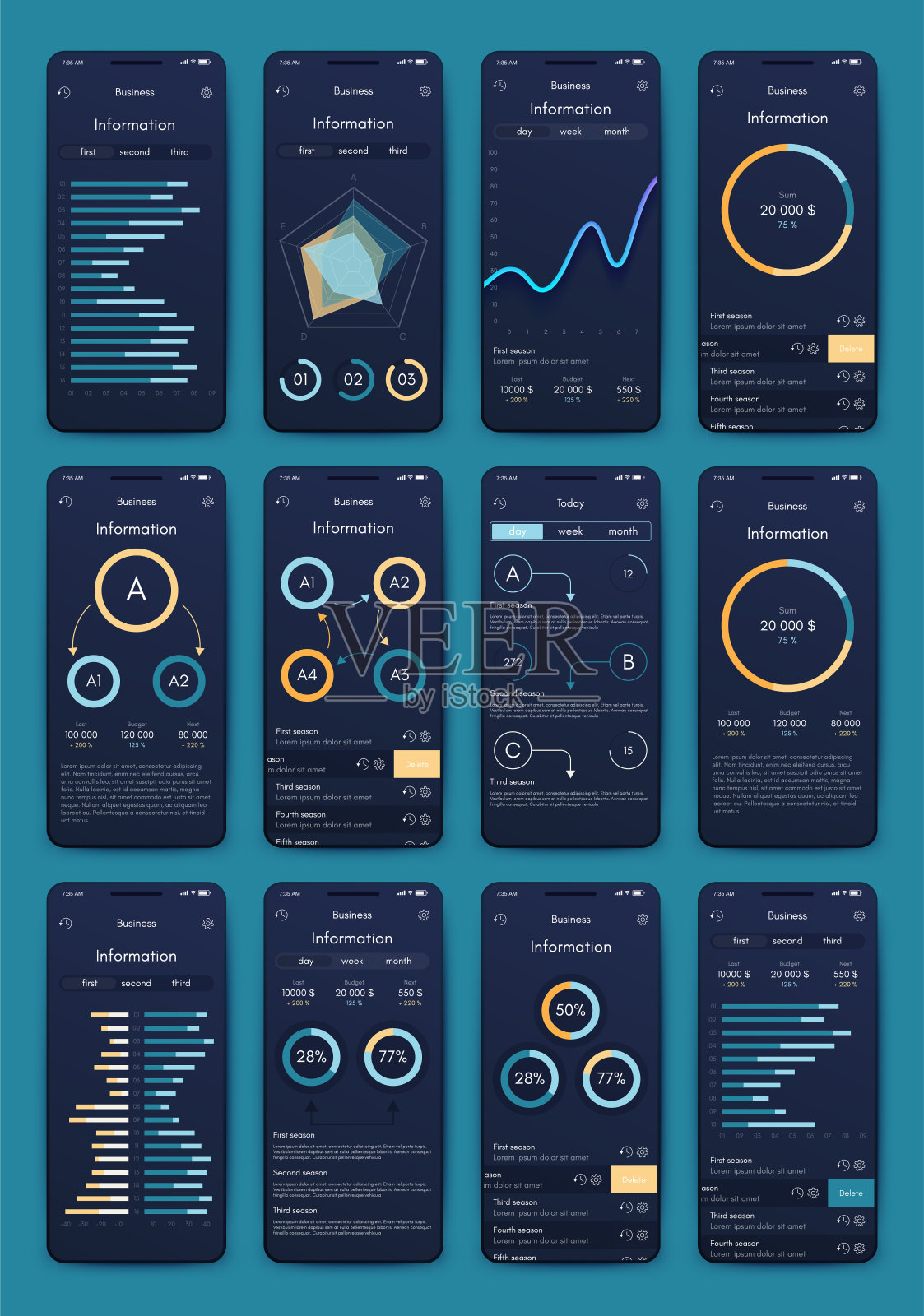 商业手册的现代信息图表向量元素。用于网站，公司宣传册，广告和市场营销。饼图，折线图，条形图和时间线。插画图片素材