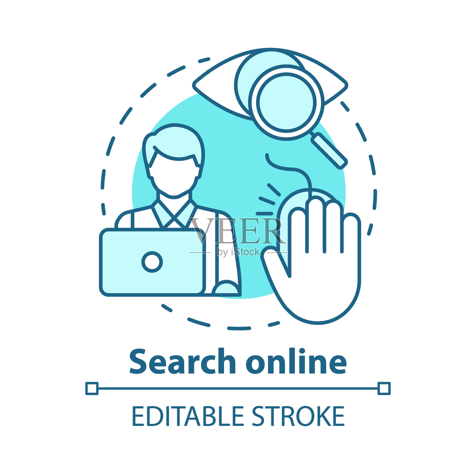 搜索在线概念图标。在互联网上搜索信息。数据研究。部长助理。电脑构思细线插图。矢量孤立轮廓绘制。可编辑的中风插画图片素材