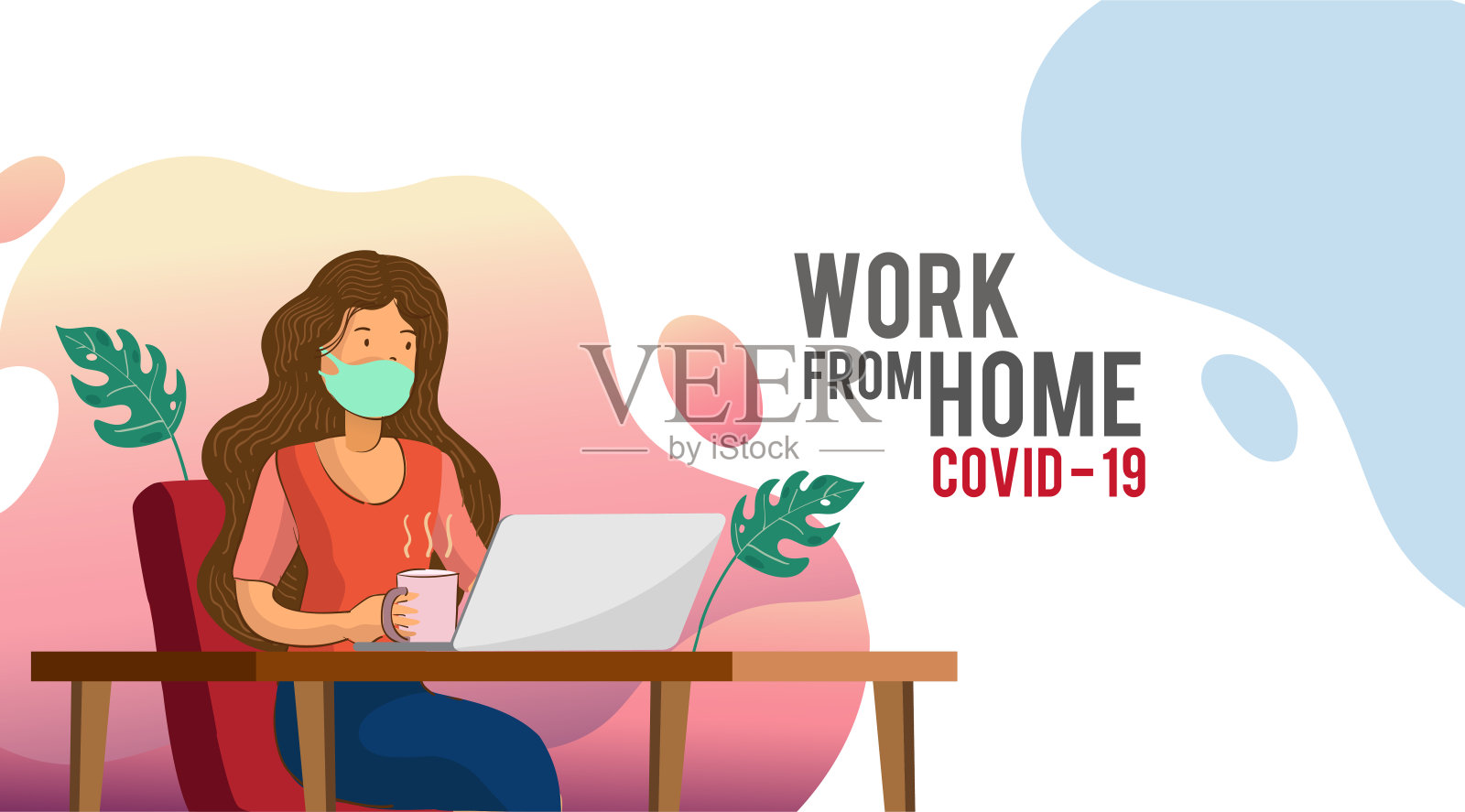 在家工作的妇女预防冠状病毒、冠状大流行、在家工作。矢量插图。插画图片素材