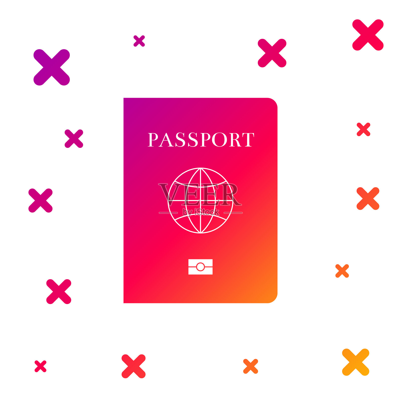 彩色护照与生物特征数据图标隔离在白色背景。身份证明文件。梯度随机动态形状。矢量图插画图片素材