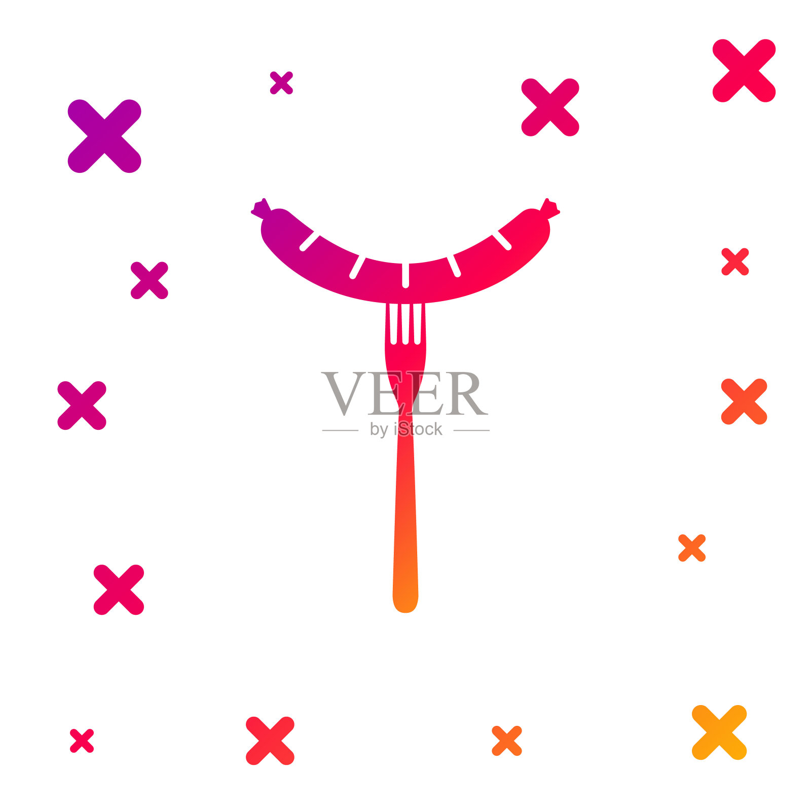 颜色香肠叉与蒸汽图标隔离在白色背景。烤香肠和香气的标志。梯度随机动态形状。矢量图图标素材