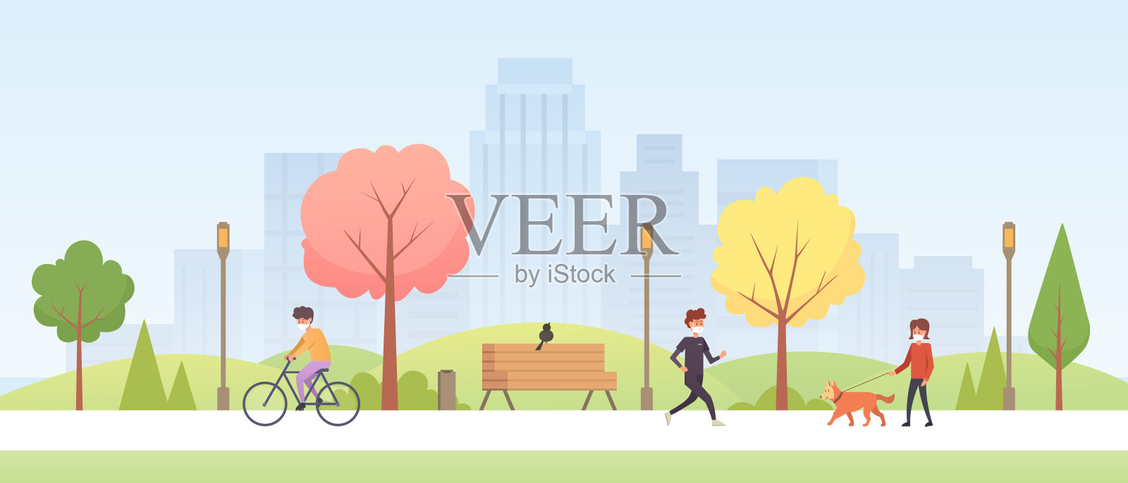 人们戴着白色医用口罩。春城公园在冠状病毒隔离期间。Сharacters戴医用口罩预防流感(Covid-19)在以城市景观为背景的户外行走。插画图片素材