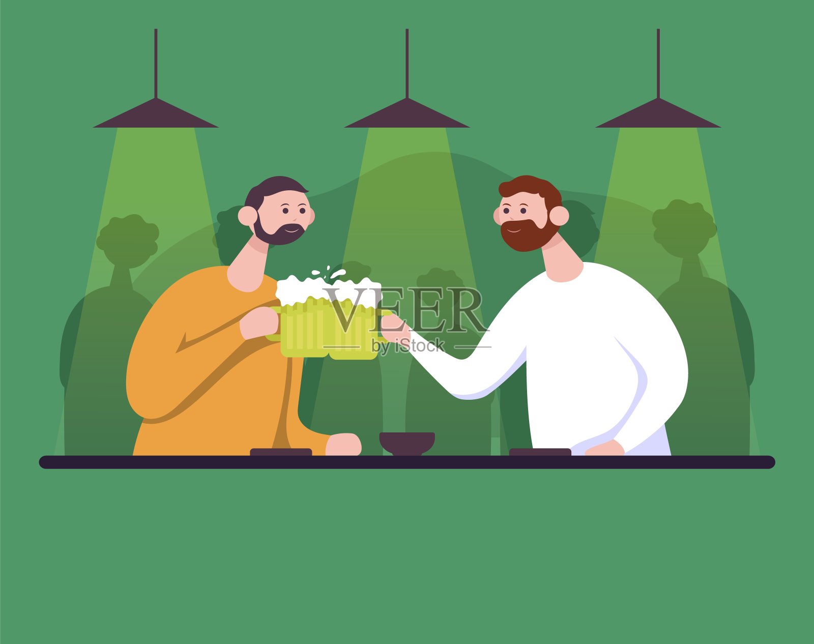 两个朋友在酒吧里碰杯喝啤酒。平面卡通矢量彩色图标。插画图片素材