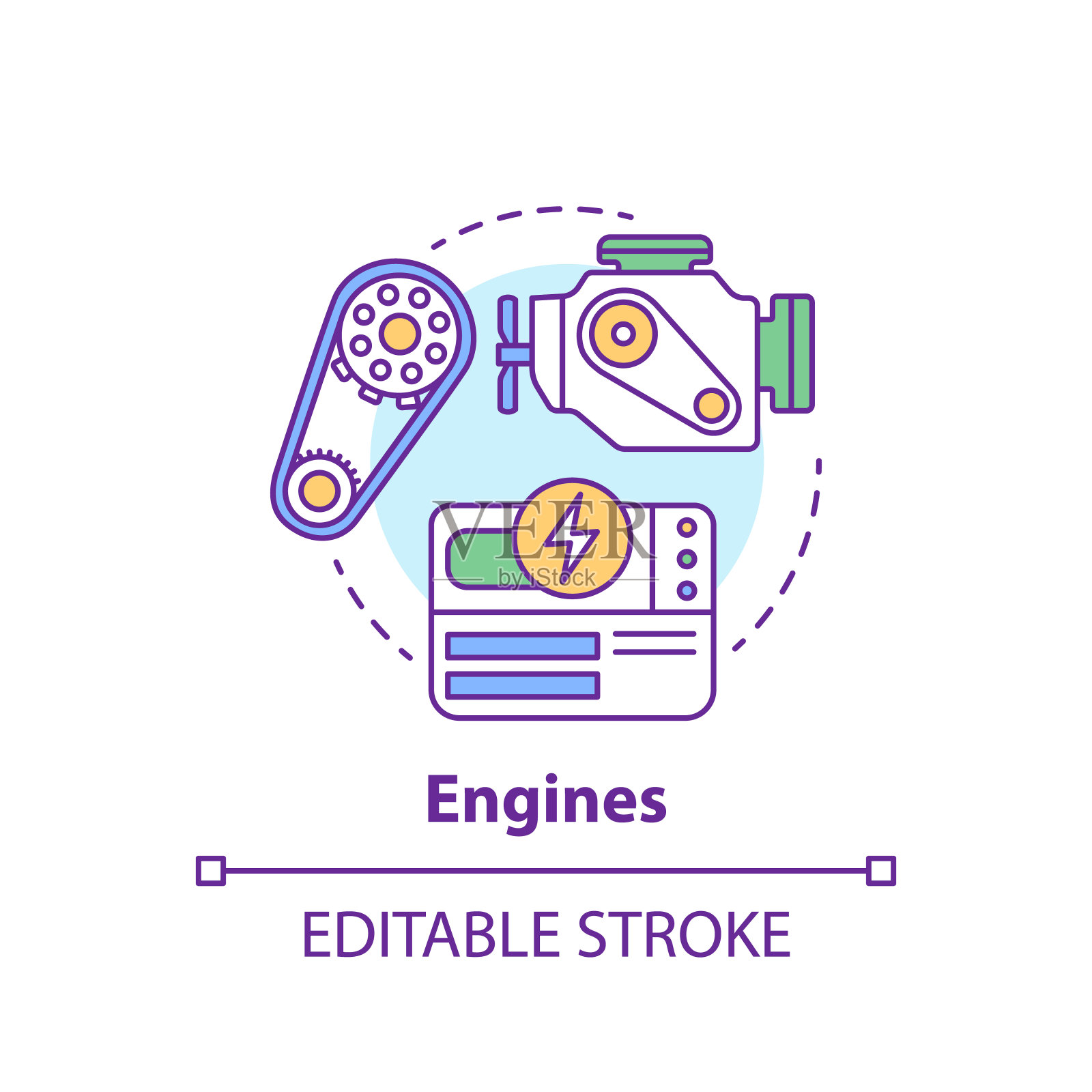 发动机概念图标。电源想法细线插图。现代汽车、机制。创新的能源和工程。矢量孤立轮廓绘制。可编辑的中风插画图片素材