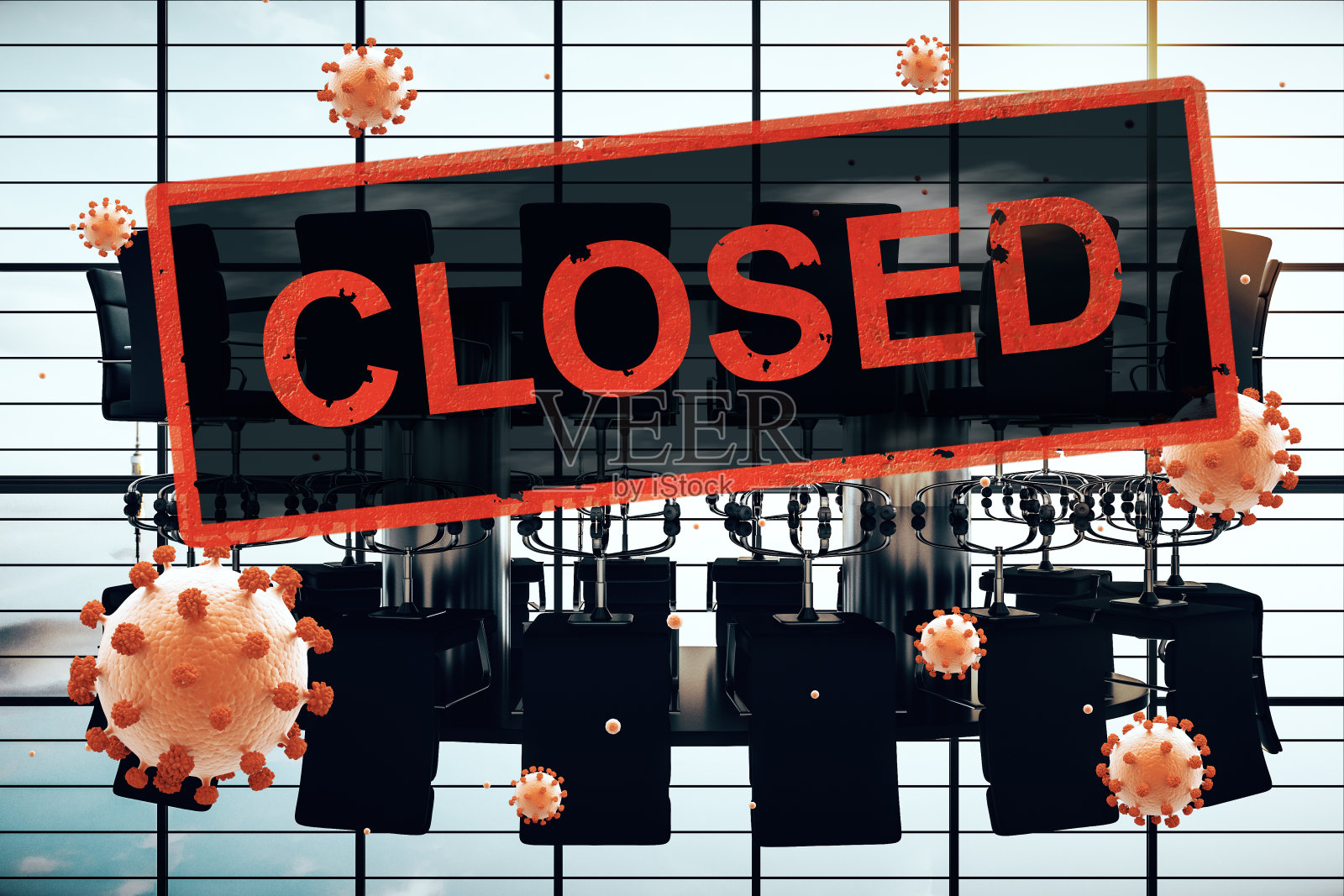 概念办公室内部因冠状病毒、COVID-19而关闭隔离照片摄影图片