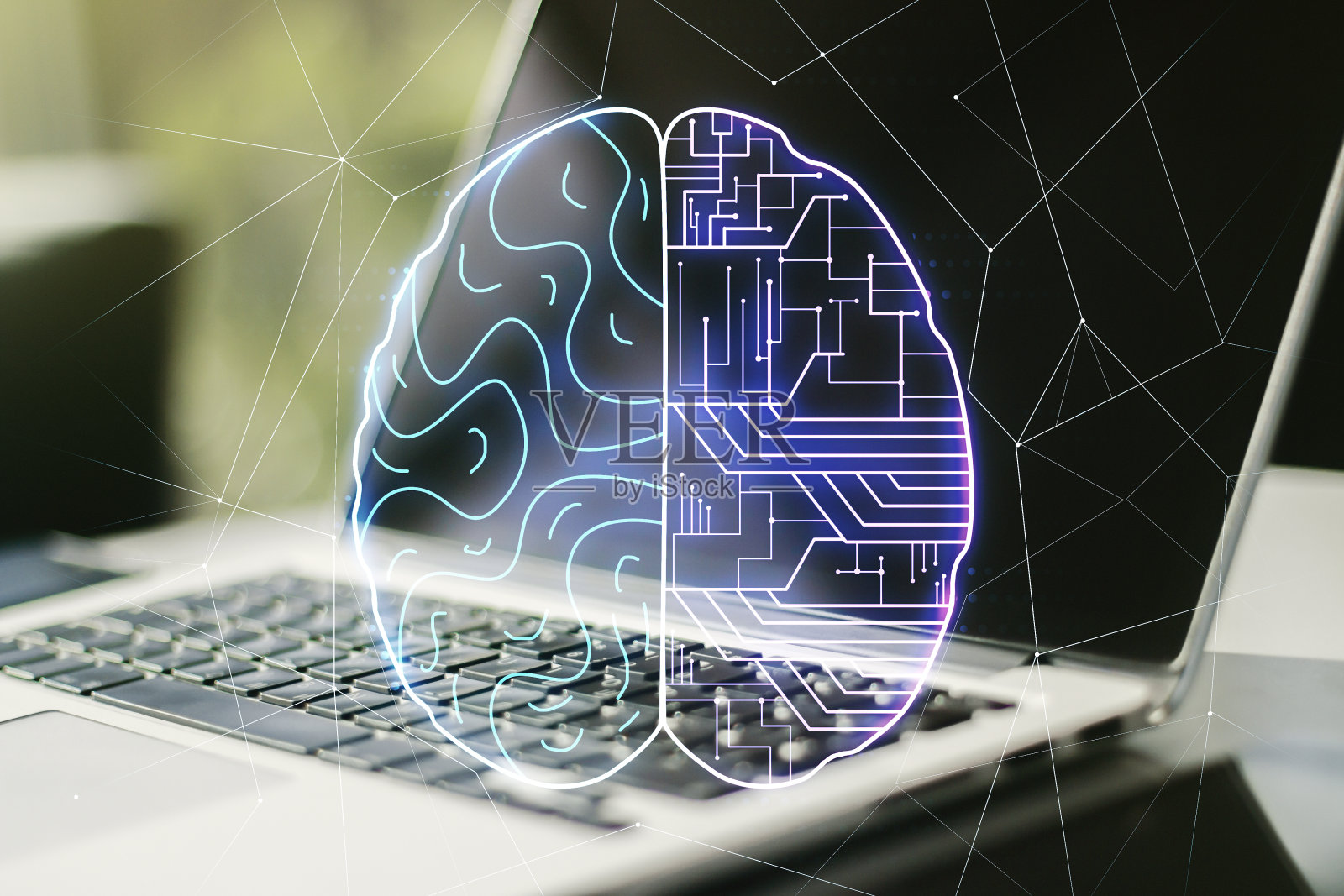 创造性的人工智能概念与人脑草图在现代计算机背景下。双重曝光照片摄影图片