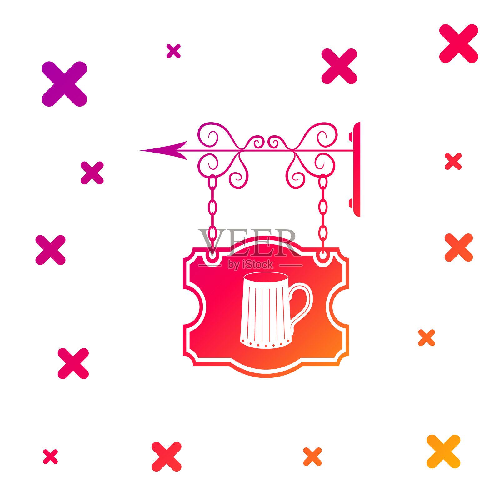彩色街道招牌挂在锻造支架与木制啤酒杯图标在白色的背景。适合酒吧、酒馆、咖啡厅、酒吧、餐厅。梯度随机动态形状。矢量图图标素材