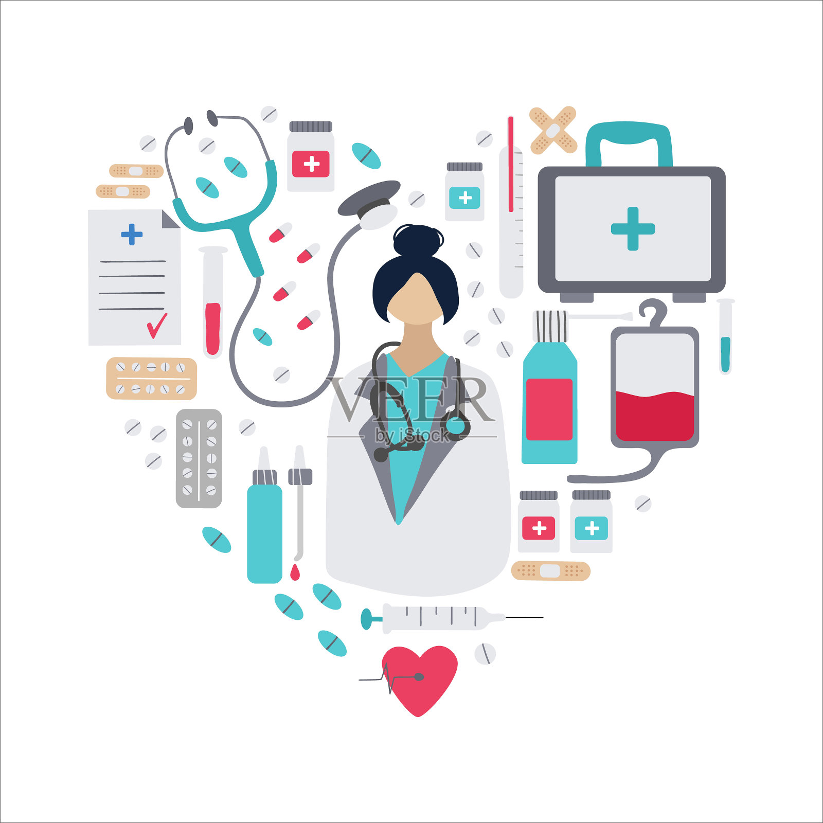 医院诊所医疗图标概念：医生、药丸、温度计心形矢量扁平插画，适用于结论页、banner和网页插画图片素材