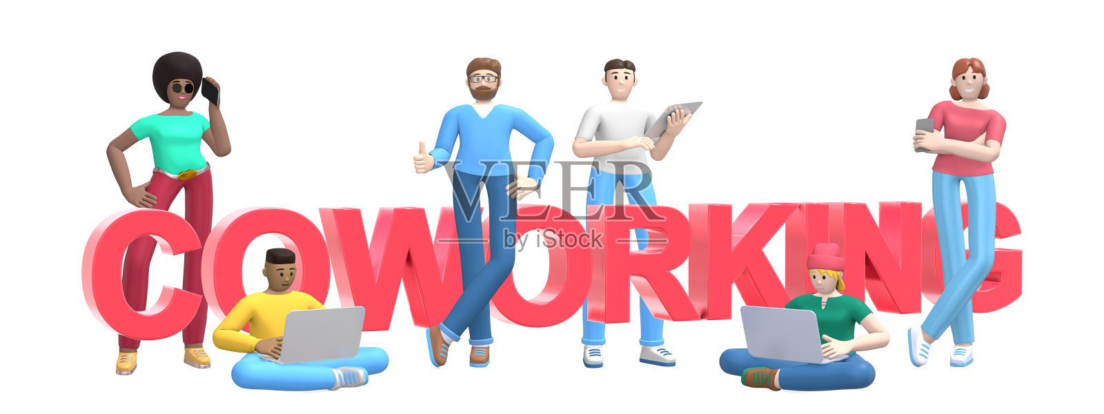 一群年轻的多民族成功人士，他们在白人背景下使用笔记本电脑、平板电脑、电话和文字工作。横横幅卡通人物和文字网站口号。3 d渲染。照片摄影图片