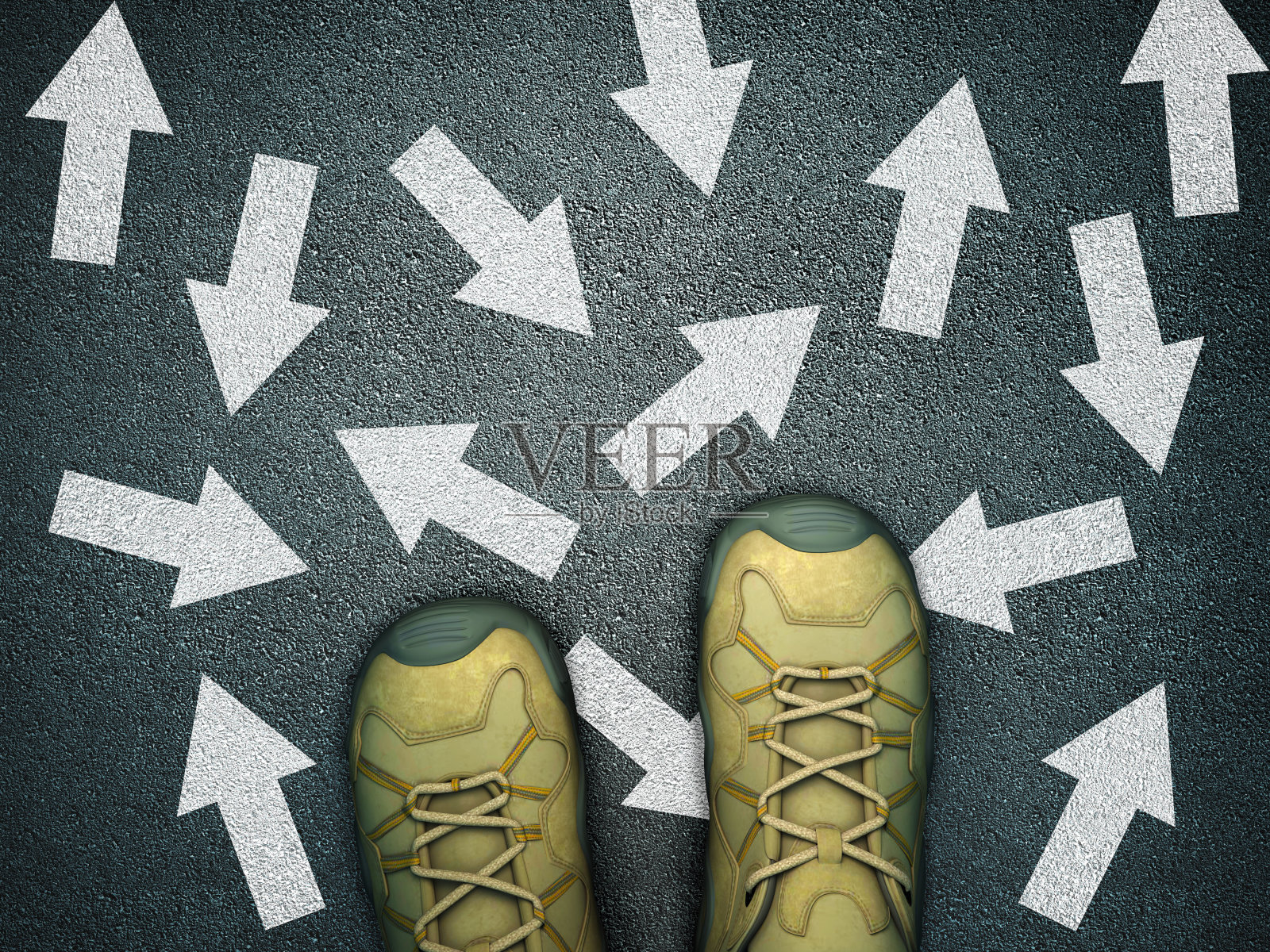 脚在沥青道路与箭头- 3D渲染照片摄影图片