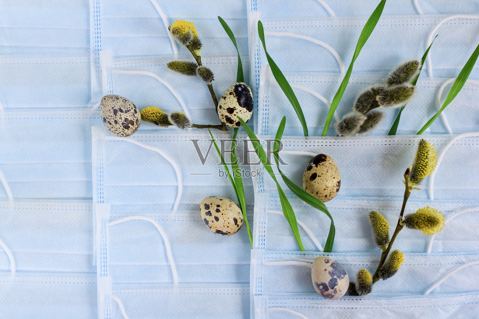 2019冠状病毒病复活节卡片。鹌鹑蛋、带芽的柳枝和鲜嫩的小草映衬着许多医用口罩。由于冠状病毒隔离，2019冠状病毒疫情，复活节假期的概念。照片摄影图片