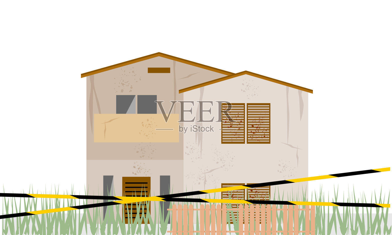 破损房屋的插图空置房屋废墟和禁止入内标志插画图片素材