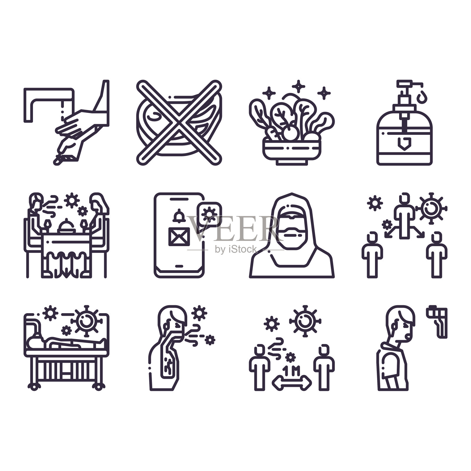 病毒传播图标集、矢量和插图图标素材