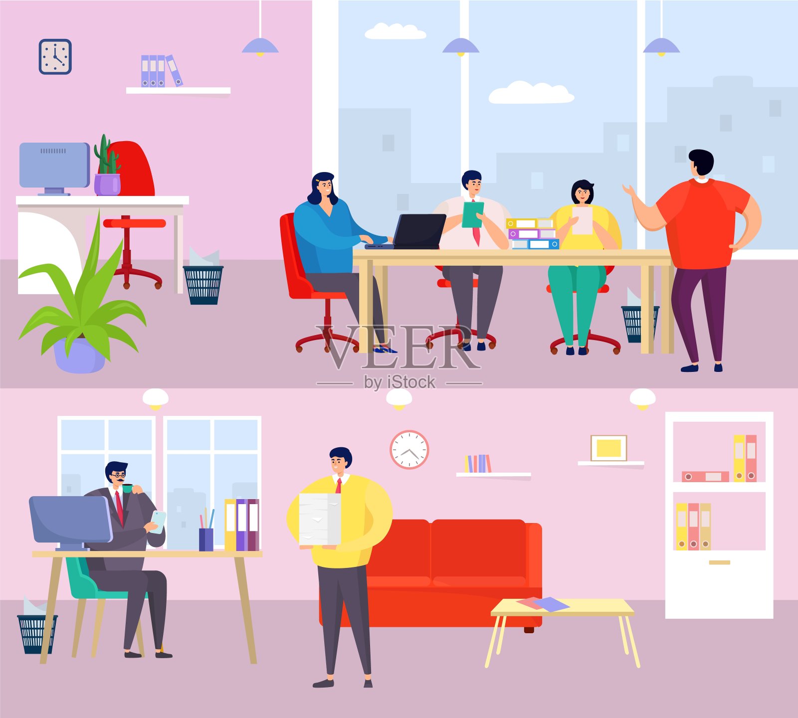 商务人士规划矢量插图，卡通平面男女团队人物会议在办公室室内，安排工作过程插画图片素材