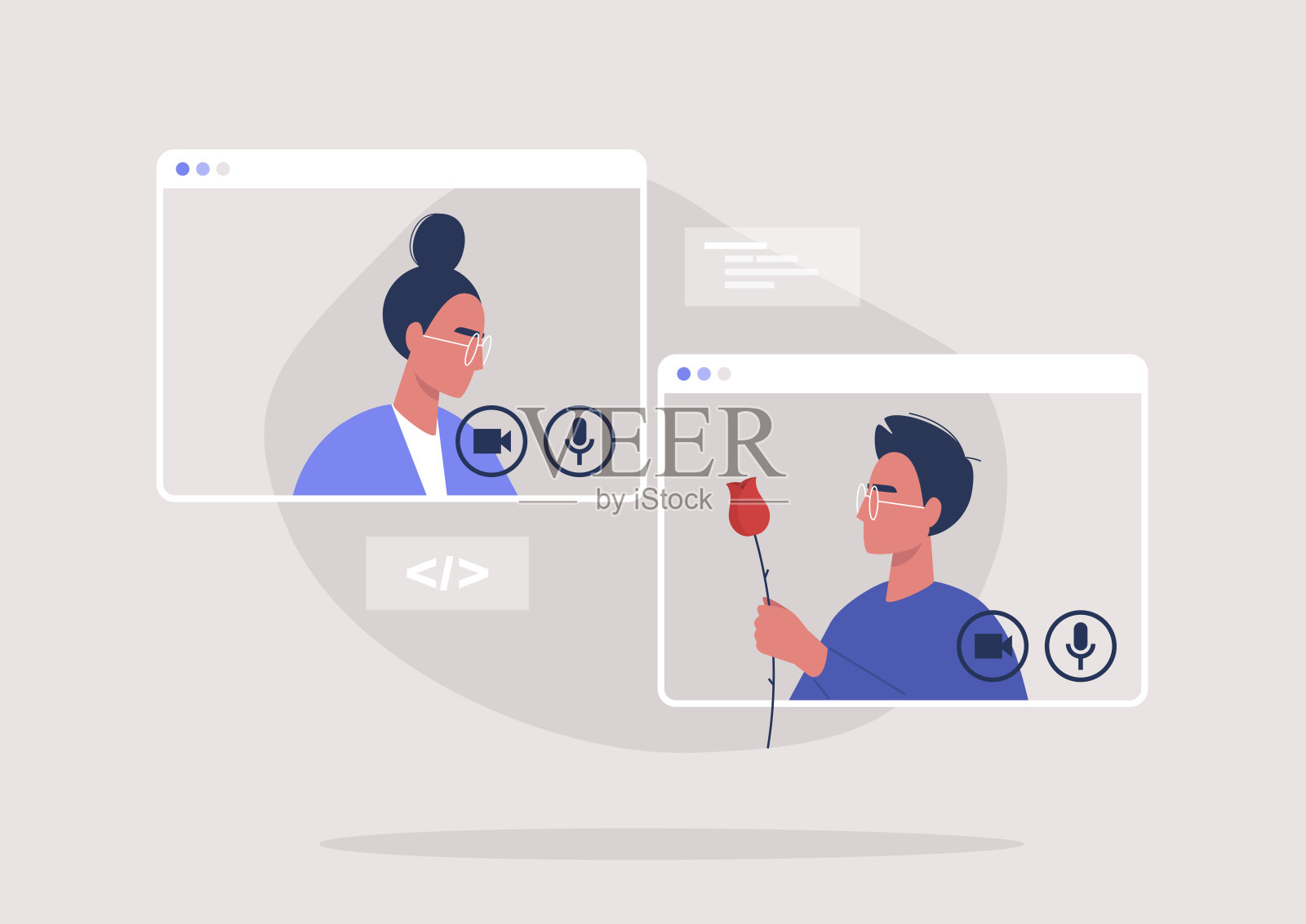 在线约会平台，现代浪漫:两个顺性别的角色通过视频电话聊天，千禧一代的关系插画图片素材