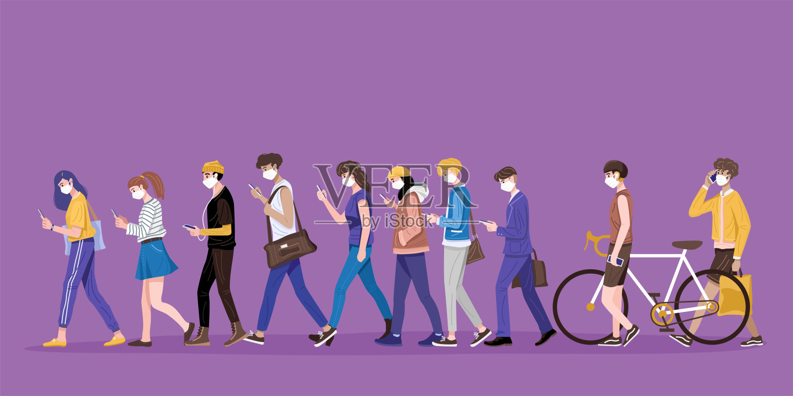人们戴着口罩走路、使用智能手机、发短信和说话的插图。向量插画图片素材