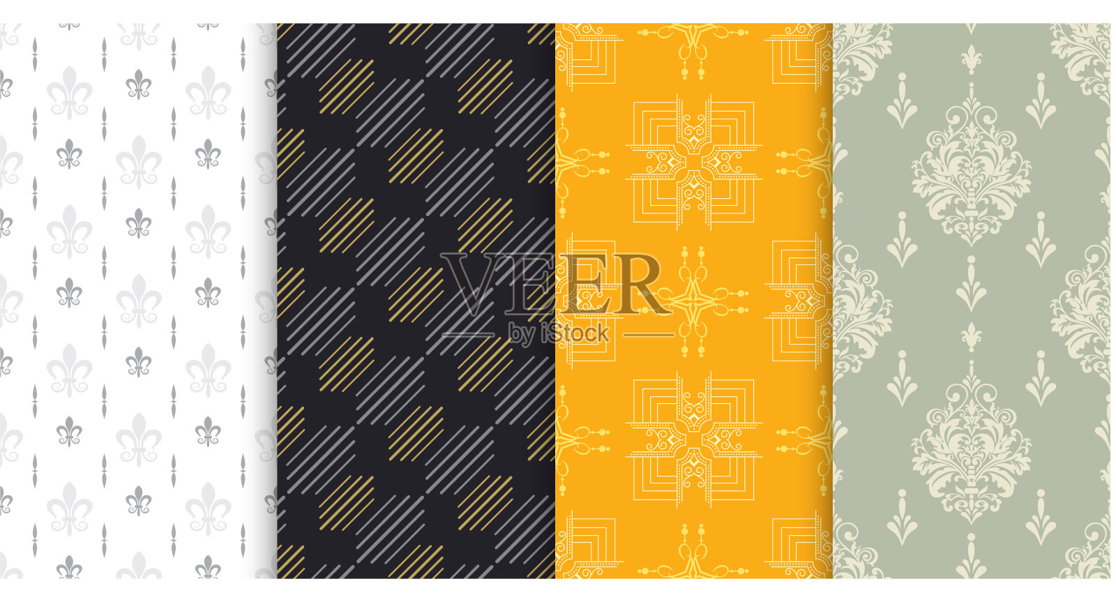 背景图案。4种复古风格的背景图案。无缝向量背景。组模式。图像中的颜色:橙色，白色，黑色，金色。矢量图形。插画图片素材