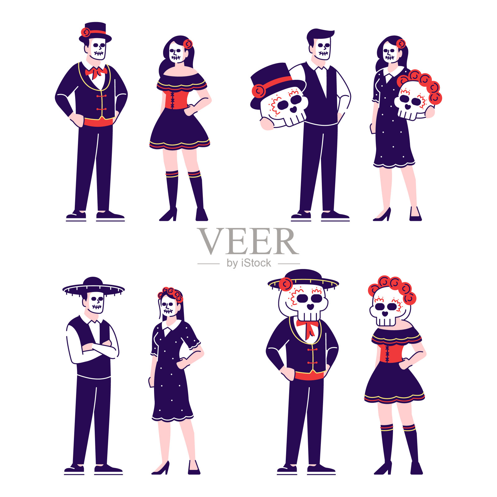 人们穿着糖骷髅脸和服装平面矢量插图集。墨西哥死人日的庆祝服装。伪装卡通人物与轮廓元素孤立的白色背景插画图片素材