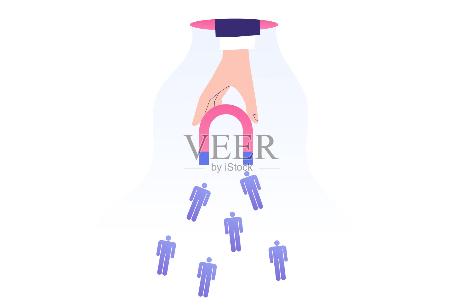 目标市场营销的概念。手用磁铁吸引男性象形文字。成功的消费者和目标。公共关系。焦点小组。网络广告。向量股票插图插画图片素材