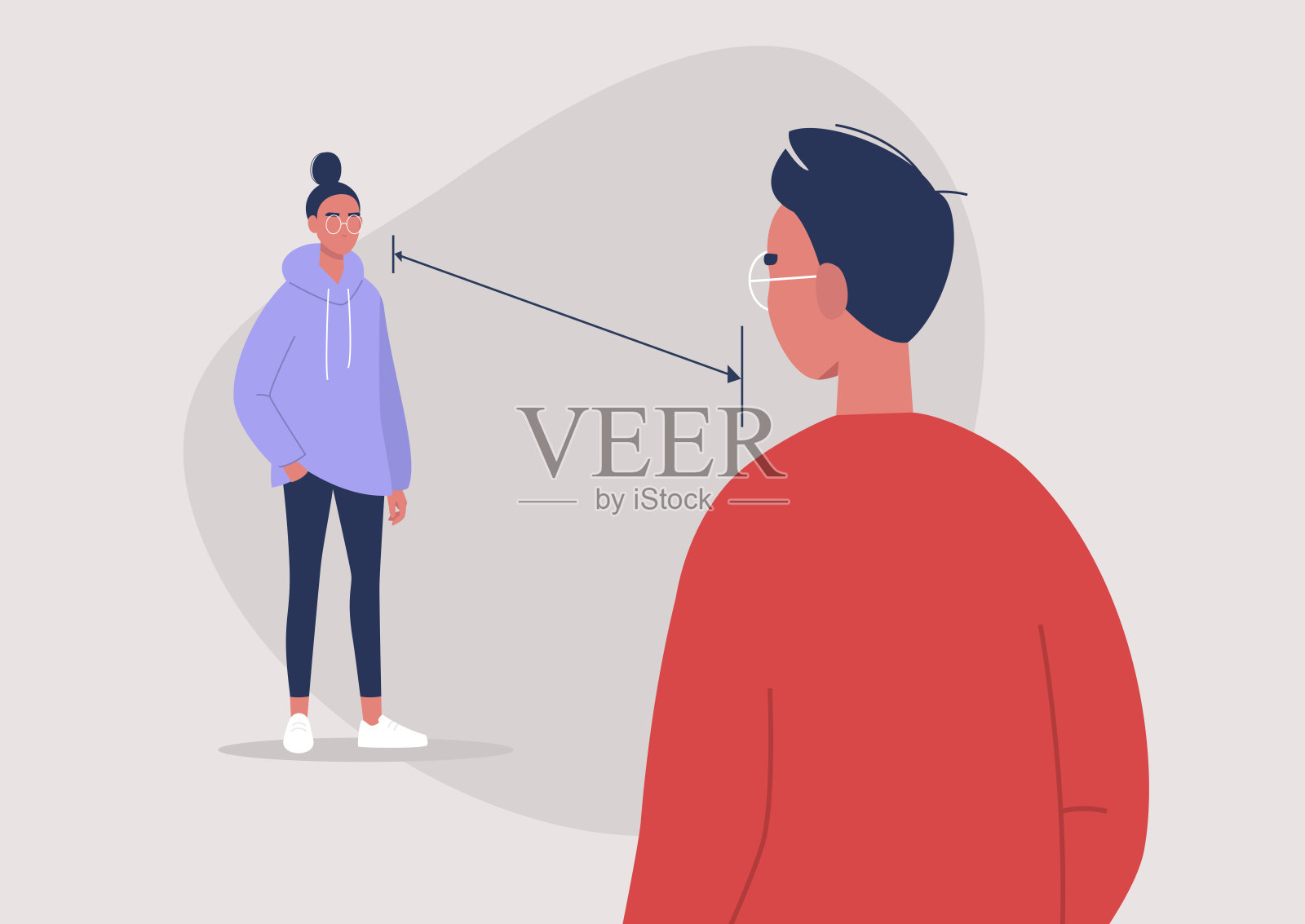 新冠肺炎疫情期间的社交距离，6英尺，两个人物站在对方前面插画图片素材