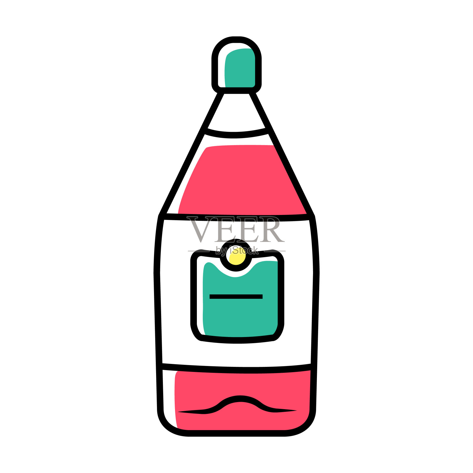 透明玻璃瓶的酒色图标。豪华酒精饮料，饮料。酒吧、咖啡馆、餐厅都有红酒。饮酒偏好。有绿色标签的玻璃器皿。孤立的矢量图插画图片素材