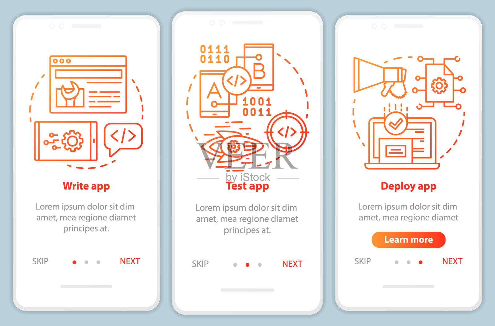 应用程序开发登陆手机应用页面屏幕矢量模板。软件编程。用线性插图演练网站步骤。UX, UI, GUI智能手机界面概念设计模板素材