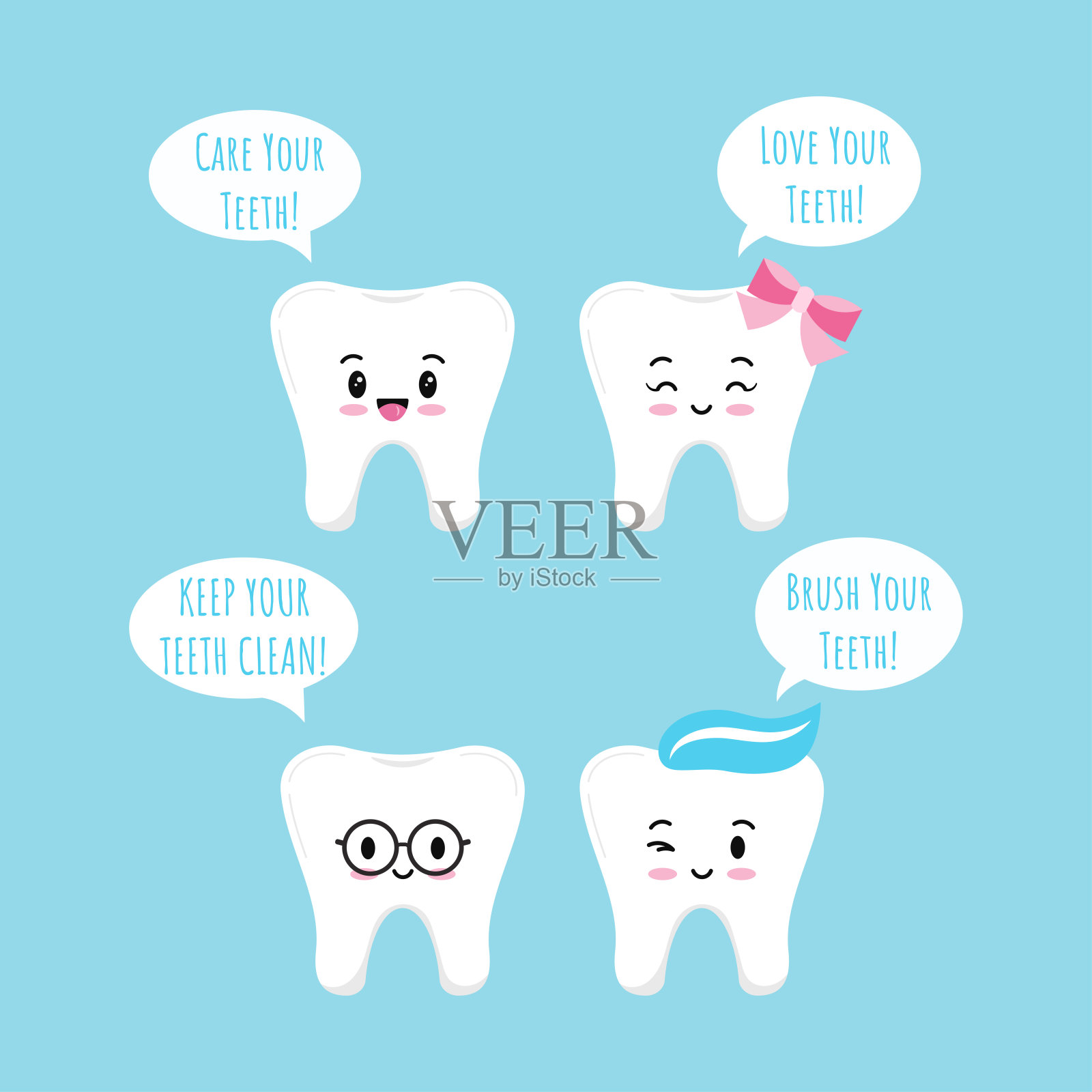 可爱的牙齿表情符号设置与语音气泡孤立在蓝色背景。插画图片素材