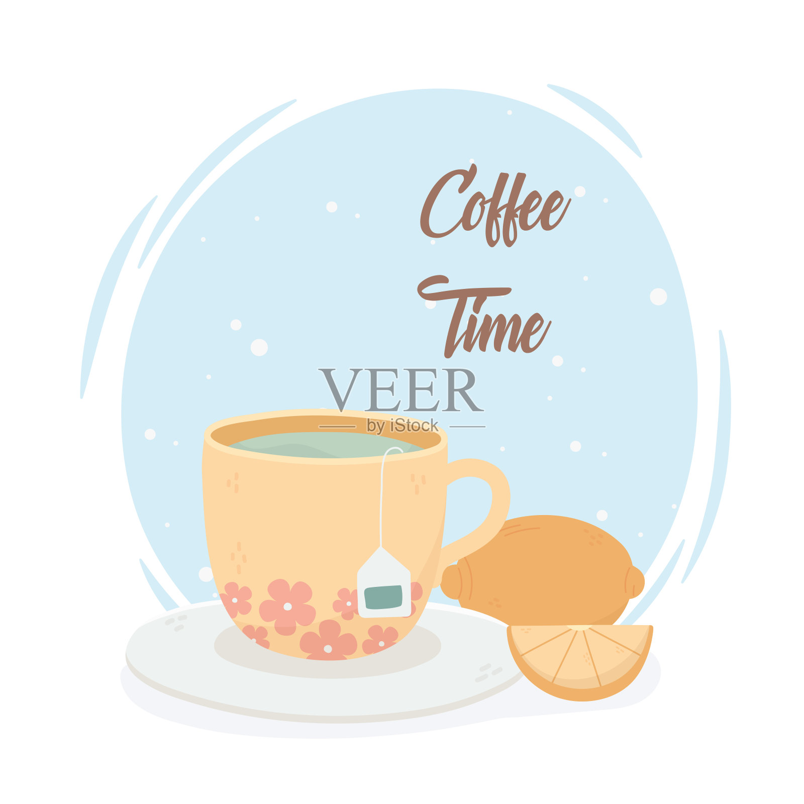 咖啡时间，茶杯和柠檬水果新鲜饮料插画图片素材