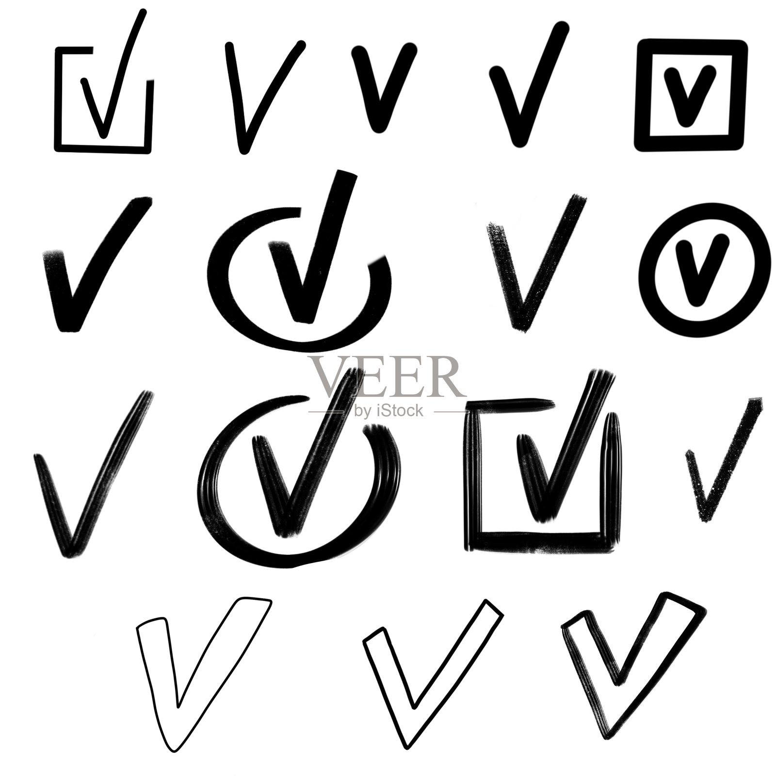 检查标记和勾号黑色集合向量孤立在白色上设计元素图片