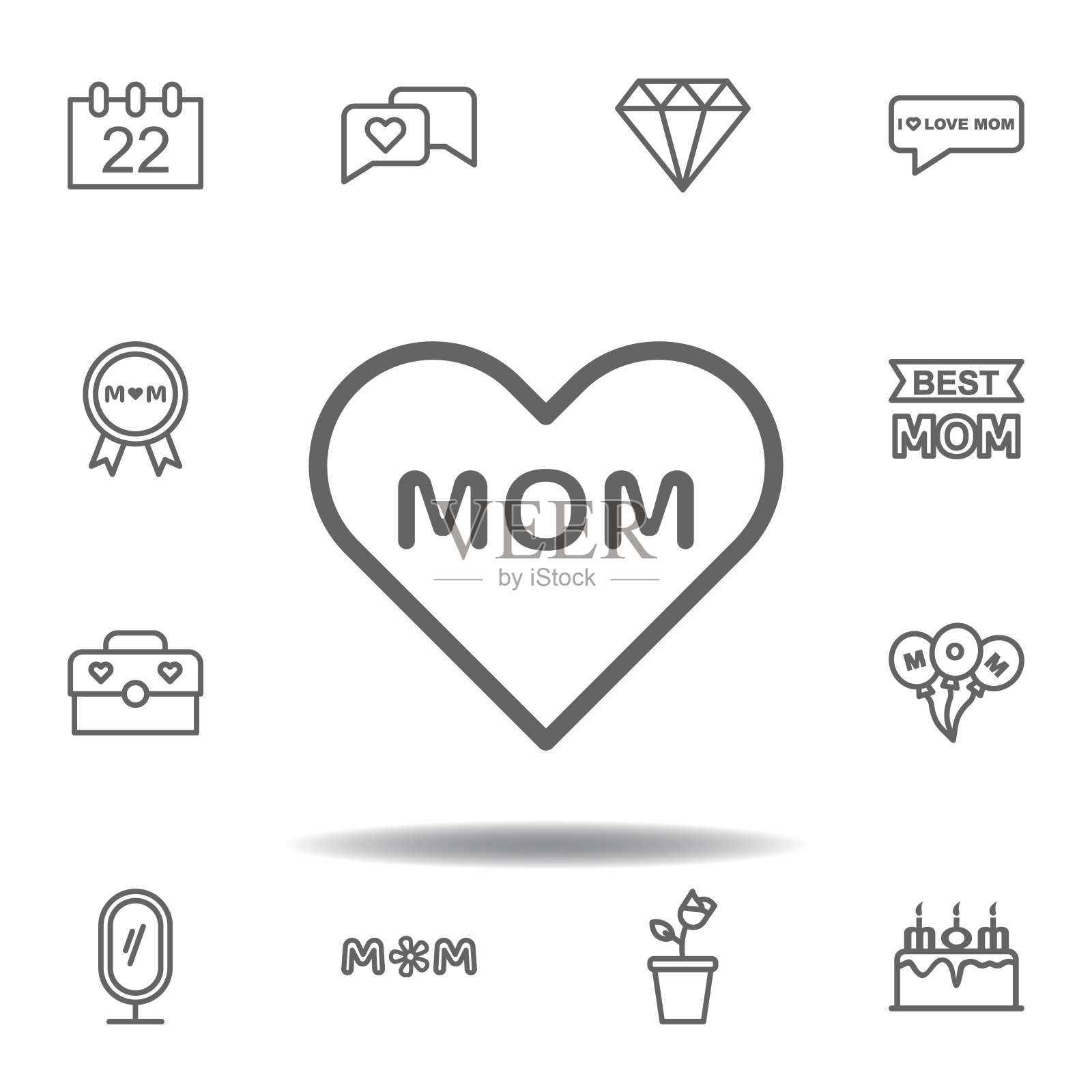 母亲节爱的轮廓图标。一套母亲节插图图标。标志和符号可以用于网页，标志，移动应用程序，UI, UX在白色背景图标素材