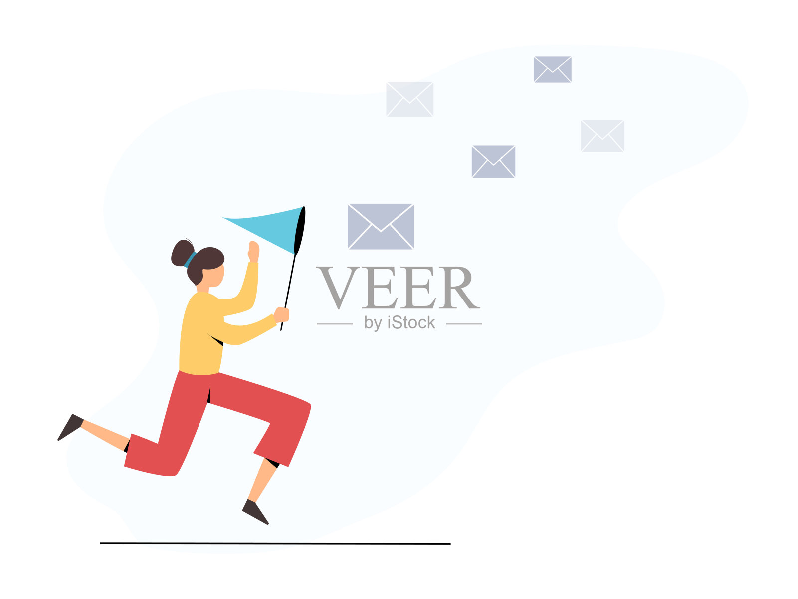 女人用蝴蝶网捕捉电子邮件。矢量概念在线邮寄、通信。等待邮件。时尚的插图在一个平坦的风格。插画图片素材