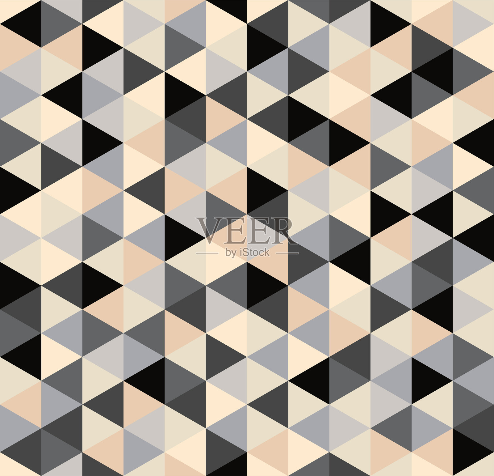 复古几何三角形无缝重复背景图案矢量格式。黑色，灰色和奶油色的马赛克插画图片素材