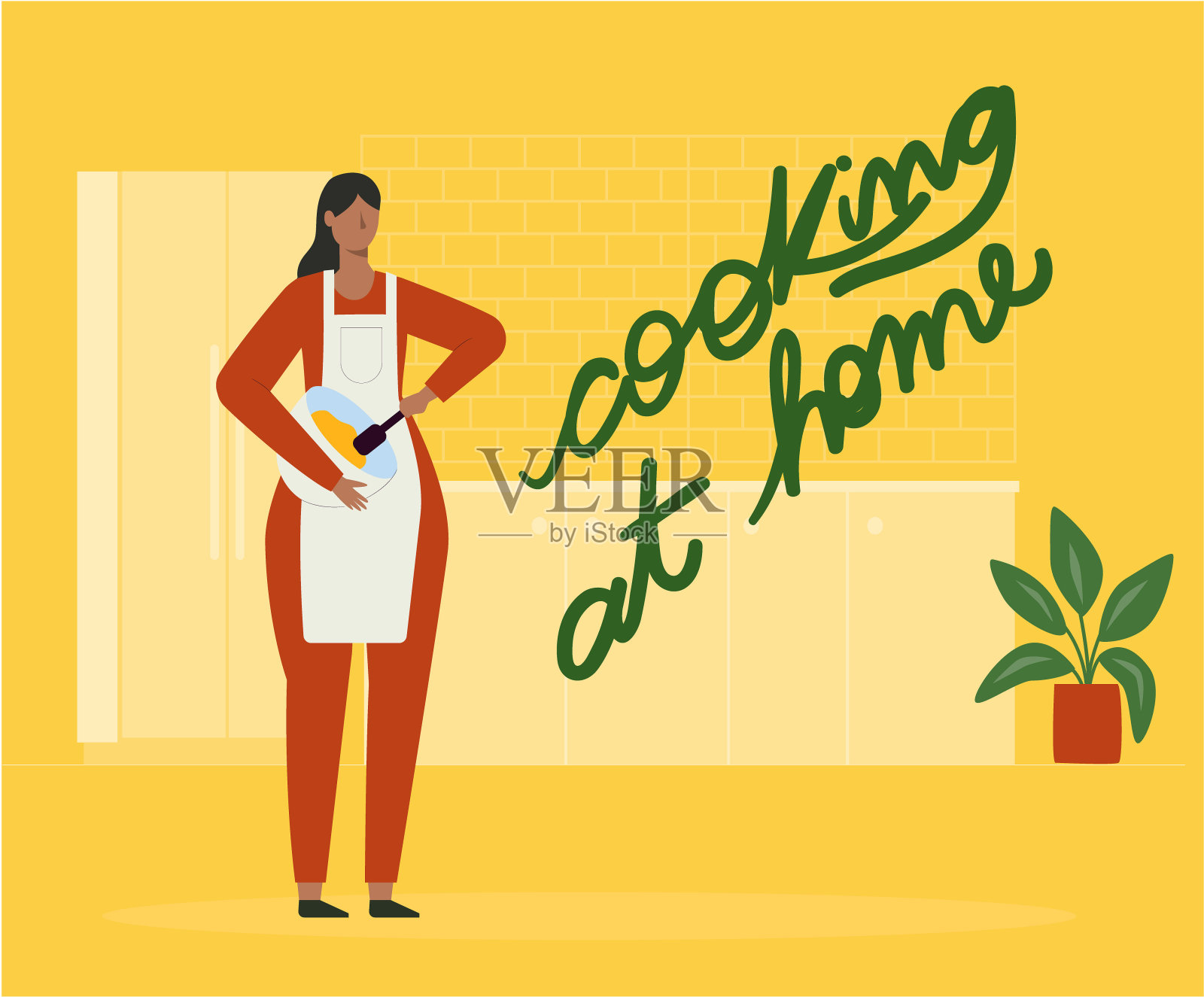 在家做饭。自我隔离呆在家里保持安全爱好，活动，在家里做的事情。Covid19电晕病毒。插画图片素材