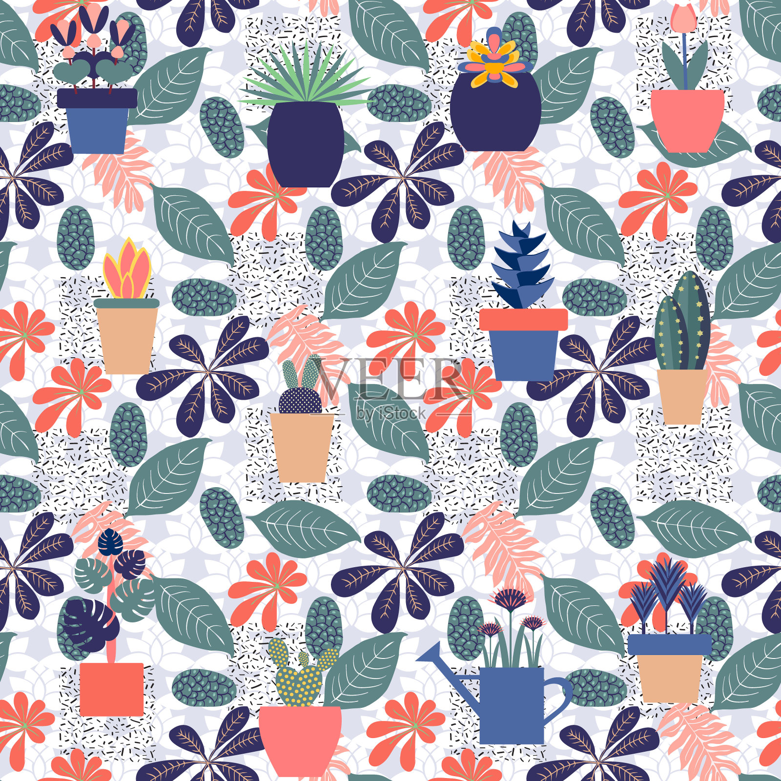 时尚的无缝图案与树叶和室内植物。插画图片素材