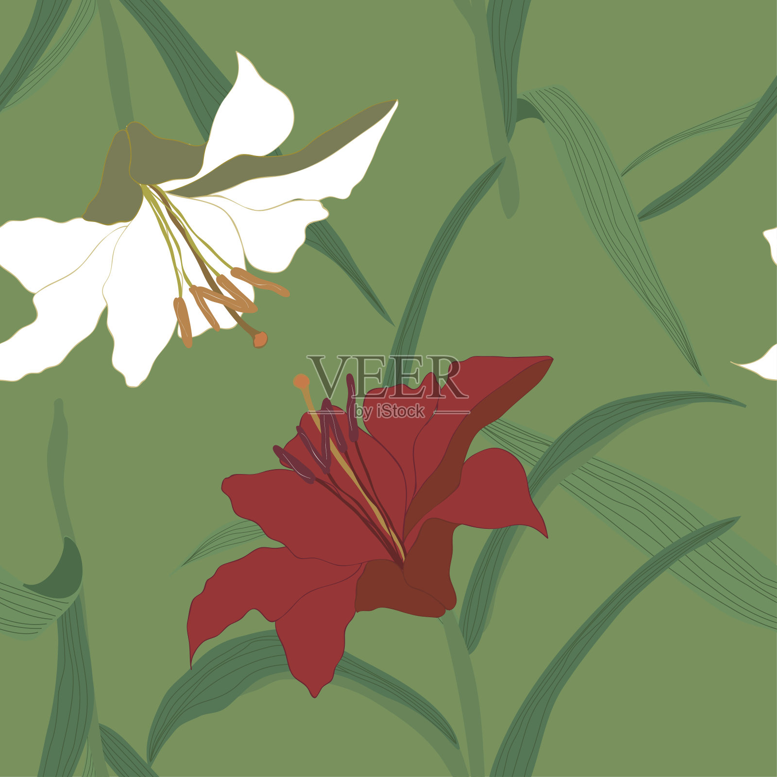 花花无缝图案。百合花，枝叶凌乱。时髦的抽象矢量纹理。适用于时尚印花、面料、设计。在绿色背景上手绘花朵插画图片素材