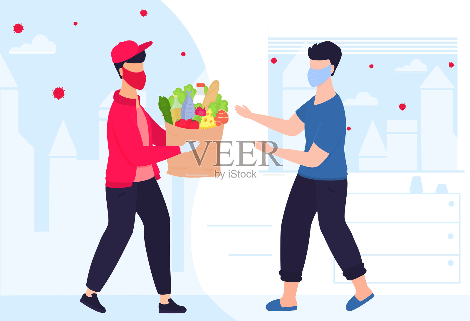 新冠肺炎。冠状病毒。外卖员戴着防护口罩送餐。男子迎接快递员。安全交付。隔离。自我隔离插画图片素材