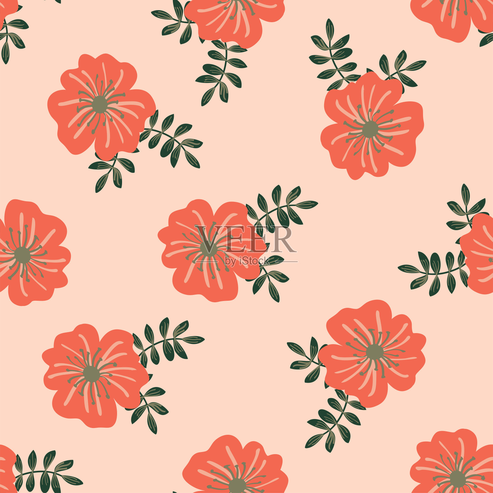 抽象花卉无缝图案与手绘花卉插画图片素材