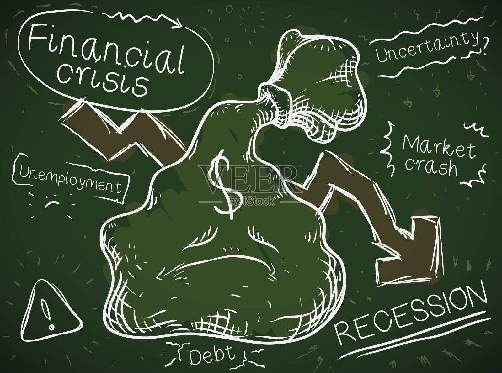 有钱袋和经济衰退涂鸦的黑板插画图片素材