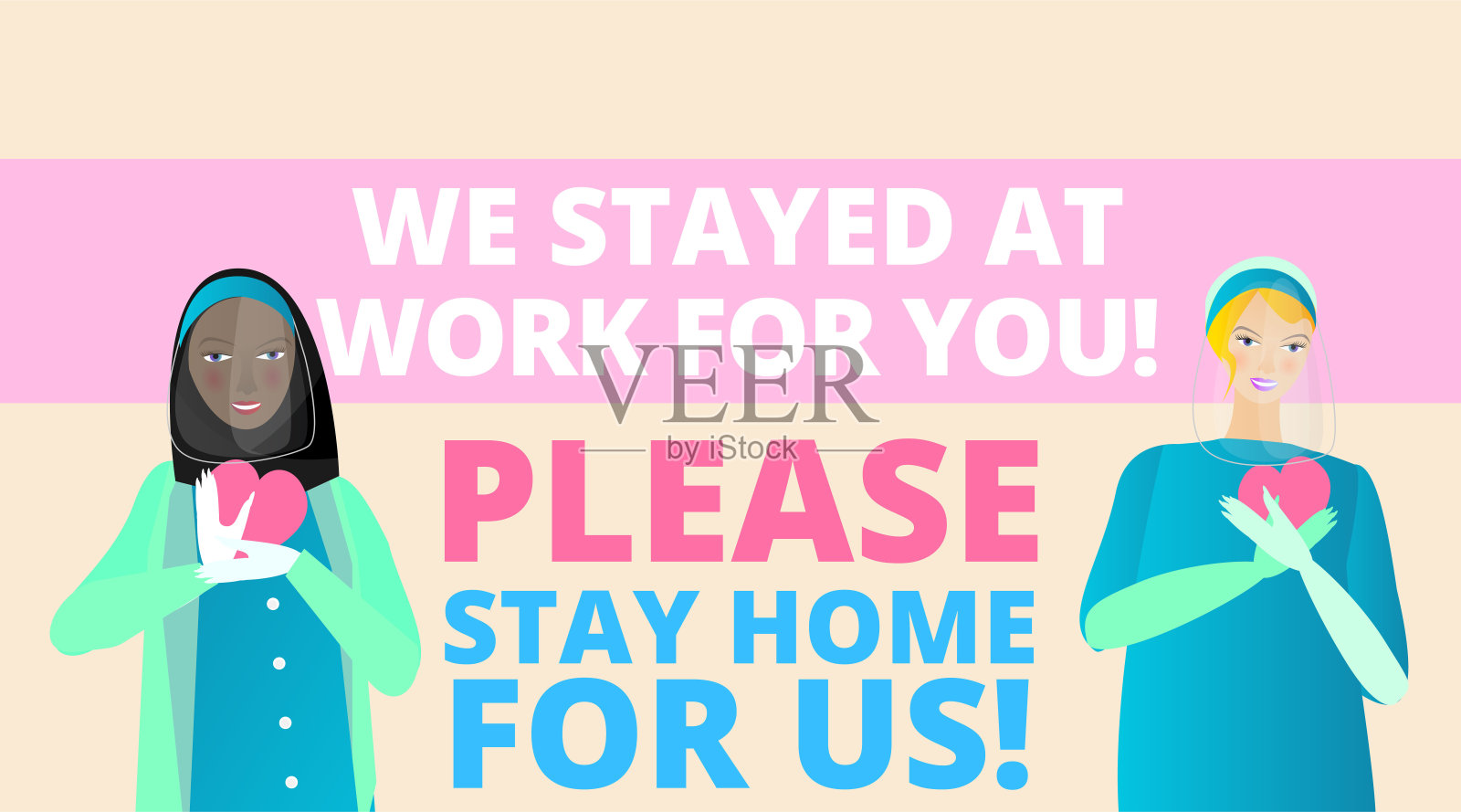 我们在一起更强大的口号与不同的女医生，护士和医疗，女士站在一起插画图片素材