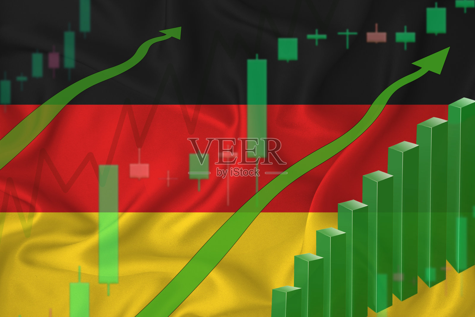在德国国旗和国家货币价格上涨的背景下。公司和加密货币的股价不断上涨。照片摄影图片