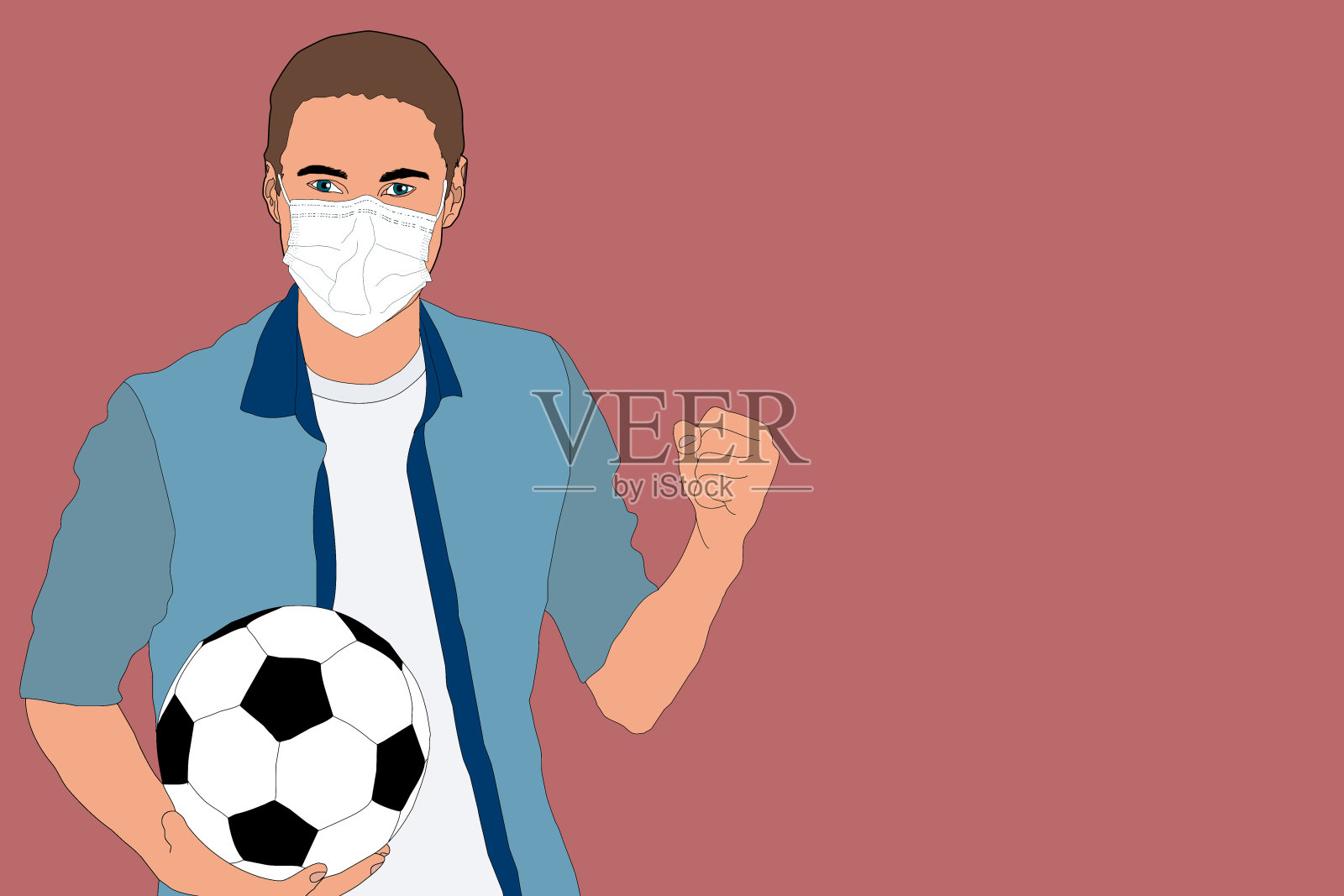 戴口罩的足球迷，手持足球的男性角色插画图片素材