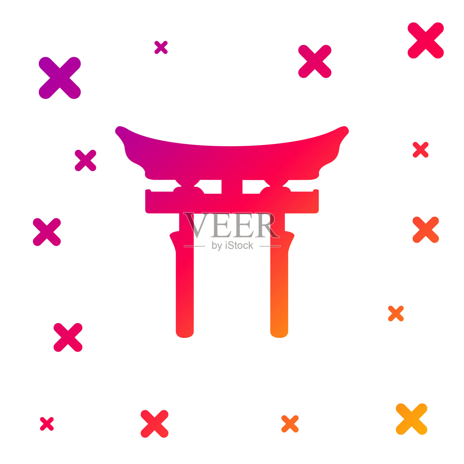 彩色日本门图标孤立的白色背景。鸟居的迹象。日本传统古典大门符号。梯度随机动态形状。矢量图插画图片素材