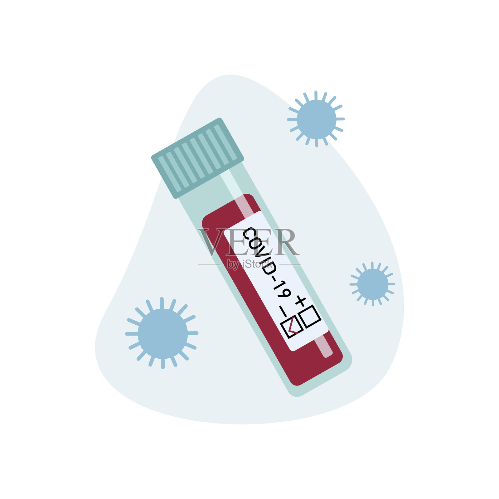 蓝色背景为试管和分离病毒血液试验的平面矢量图。插画图片素材