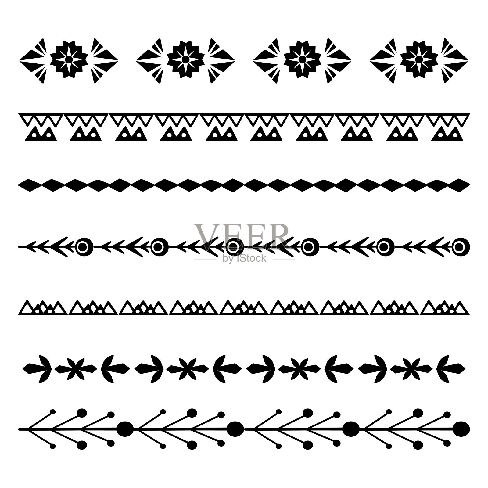 一套黑色自然水平分隔。有分枝和浆果的无缝花的边界。矢量打印民俗对象插画图片素材