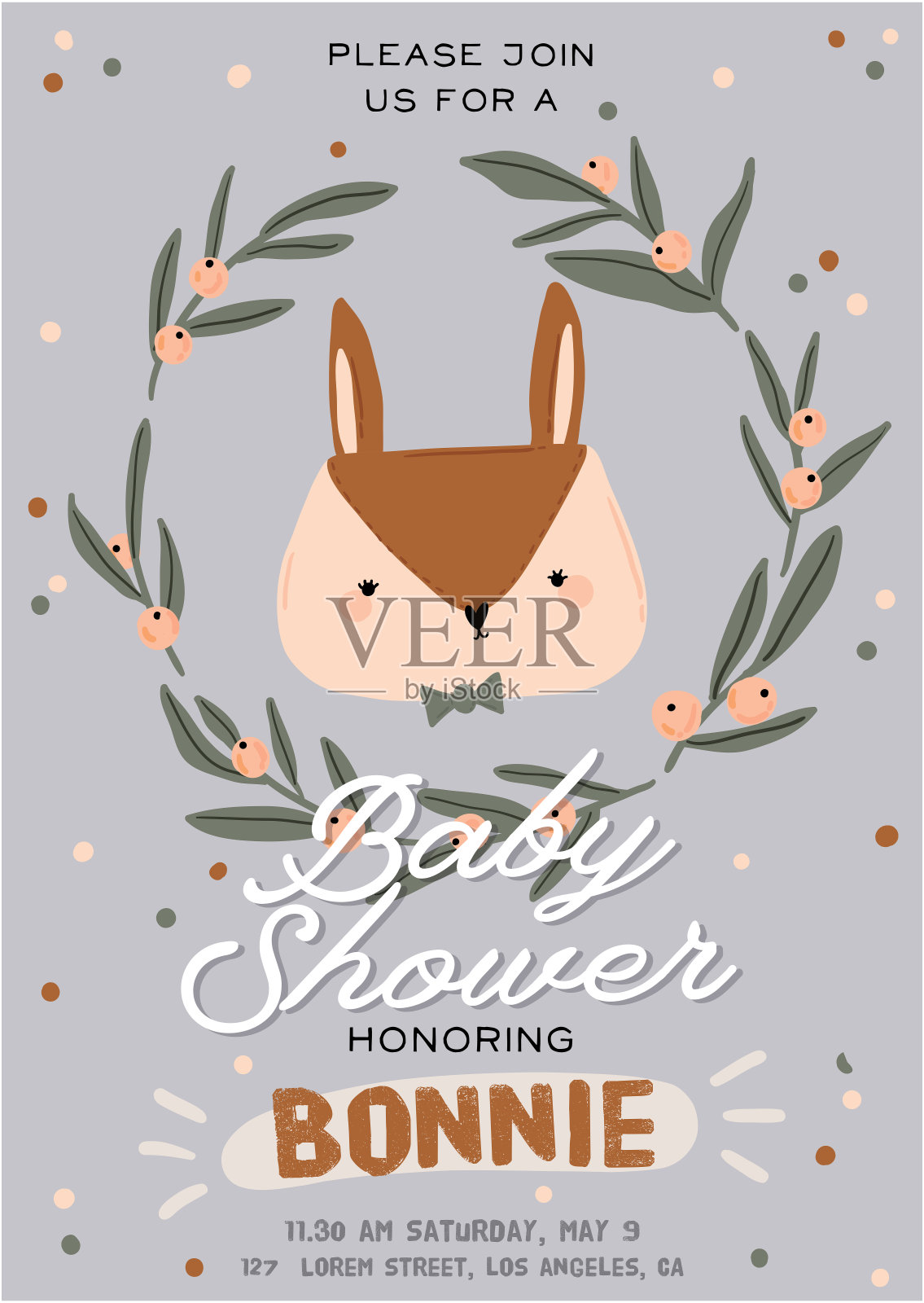 可爱的婴儿淋浴在斯堪的纳维亚风格包括流行的报价和酷的动物装饰手绘元素。设计模板素材